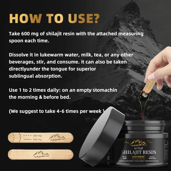 Usage and dosage instructions for Shilajit Cream, showing mixing guidelines and recommended daily amounts.