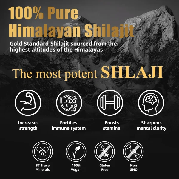100% Pure Himalayan Shilajit with 87 trace minerals, vegan, non-GMO, and gluten-free, promoting strength, stamina, and immune health.