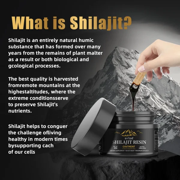 What is Shilajit? A natural humic substance formed from plant matter, rich in nutrients, and harvested from remote high-altitude mountains.