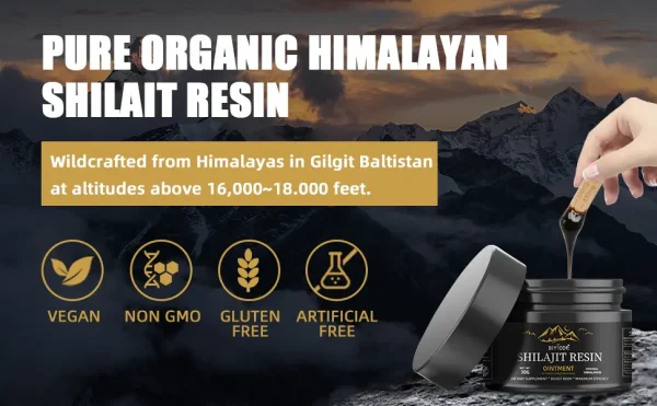 Pure Organic Himalayan Shilajit Resin, wildcrafted from high altitudes, vegan, non-GMO, gluten-free.