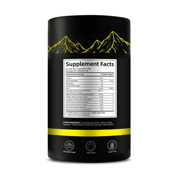Ingredients list for Shilajit Gummies, highlighting natural components for energy and recovery