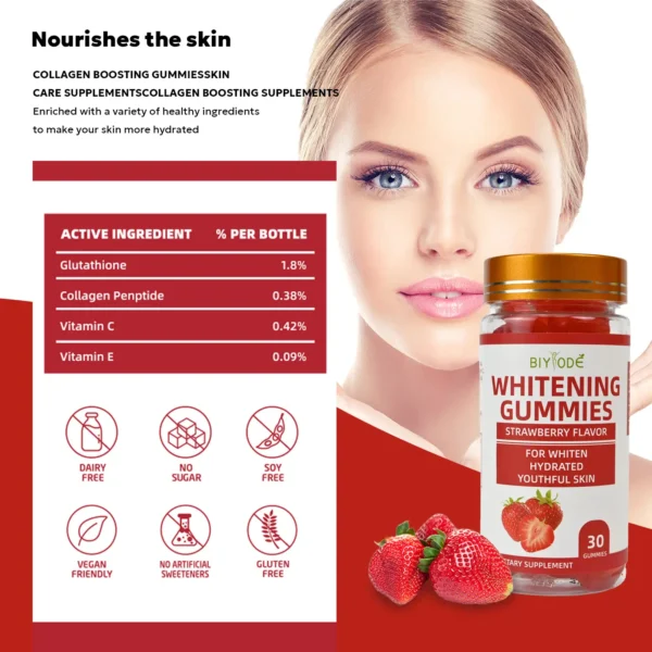 Whitening Gummies Active Ingredients - Glutathione, Collagen Peptide, Vitamin C, Vitamin E
