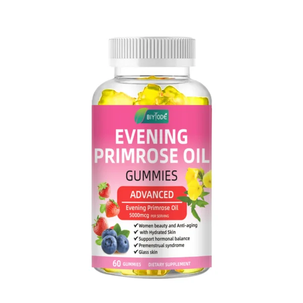 Evening Primrose Oil Gummies for skin health, hormonal balance, and GLA supplementation, promoting clear skin, reduced PMS symptoms, and joint support.