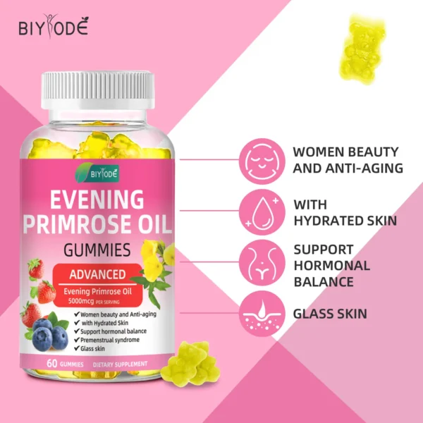 Evening Primrose Oil Gummies for skin health, hormonal balance, and GLA supplementation, promoting clear skin, reduced PMS symptoms, and joint support.
