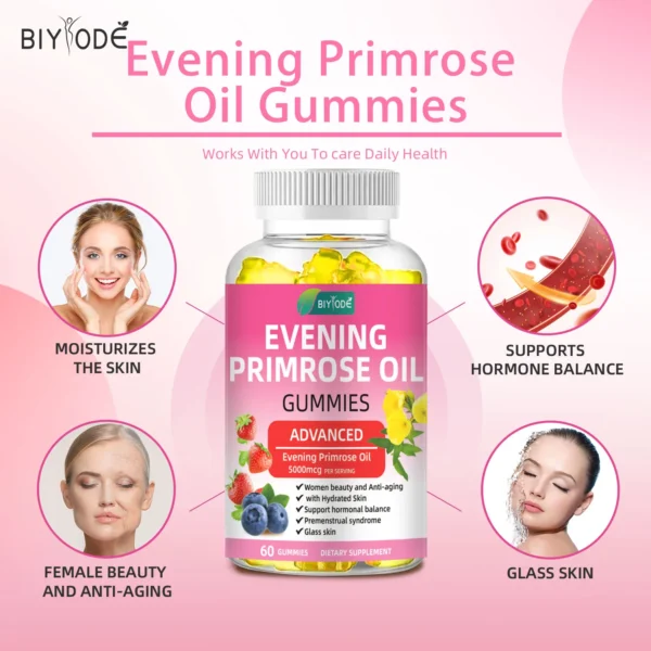 Evening Primrose Oil Gummies for skin health, hormonal balance, and GLA supplementation, promoting clear skin, reduced PMS symptoms, and joint support.