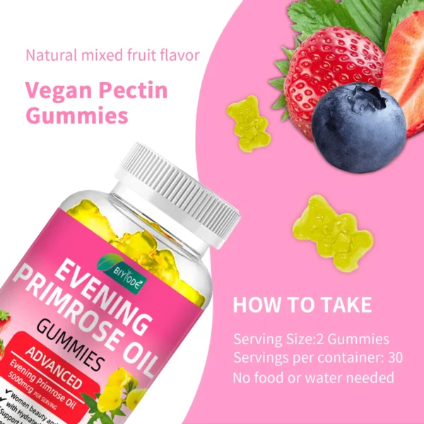 Evening Primrose Oil Gummies for skin health, hormonal balance, and GLA supplementation, promoting clear skin, reduced PMS symptoms, and joint support.