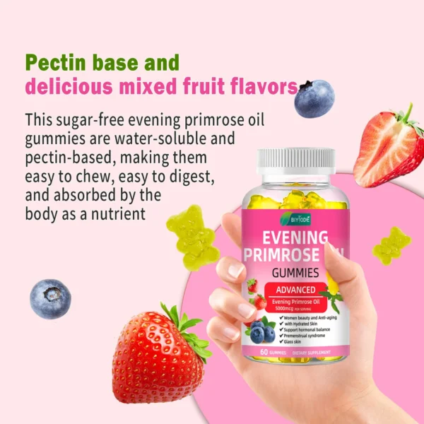 Evening Primrose Oil Gummies for skin health, hormonal balance, and GLA supplementation, promoting clear skin, reduced PMS symptoms, and joint support.