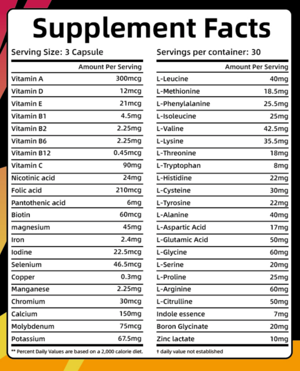 Ingredient list of Daily Vital Nutrition, including vitamins, amino acids, minerals, and indole.
